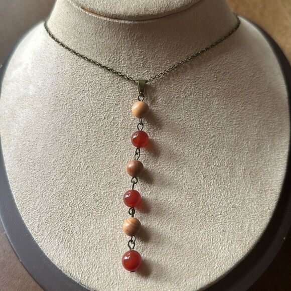 Yew Wood and Fire Agate “Gratitude” Lariat Necklace - Picture 1 of 5